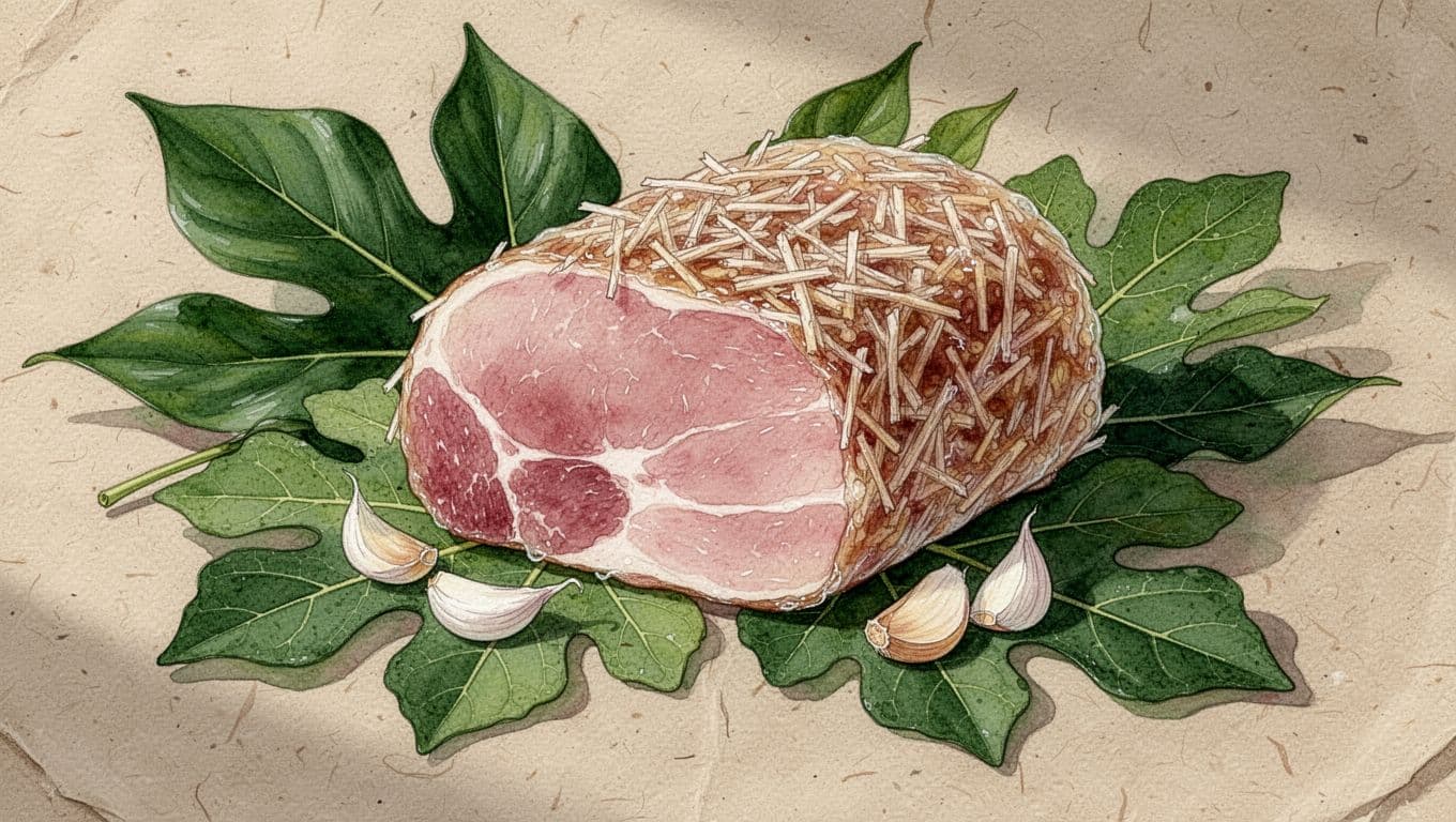 Nem chua Thanh Hóa mở trên lá sung, kèm lá đinh lăng, sợi bì và lát tỏi.