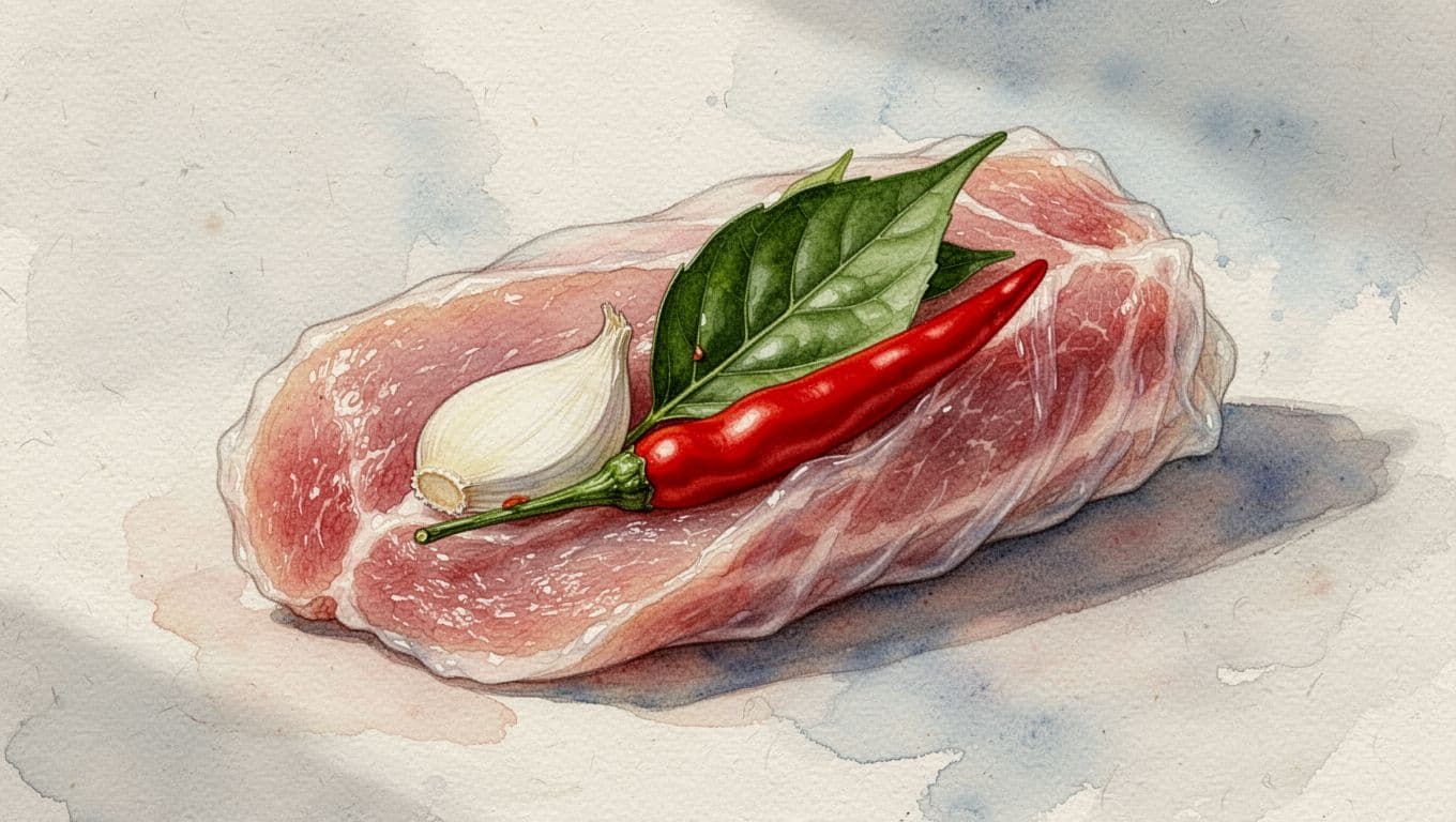 Nem chua Thanh Hóa mở lớp lá, lộ phần thịt hồng trong cùng tỏi, lá đinh lăng và ớt đỏ.
