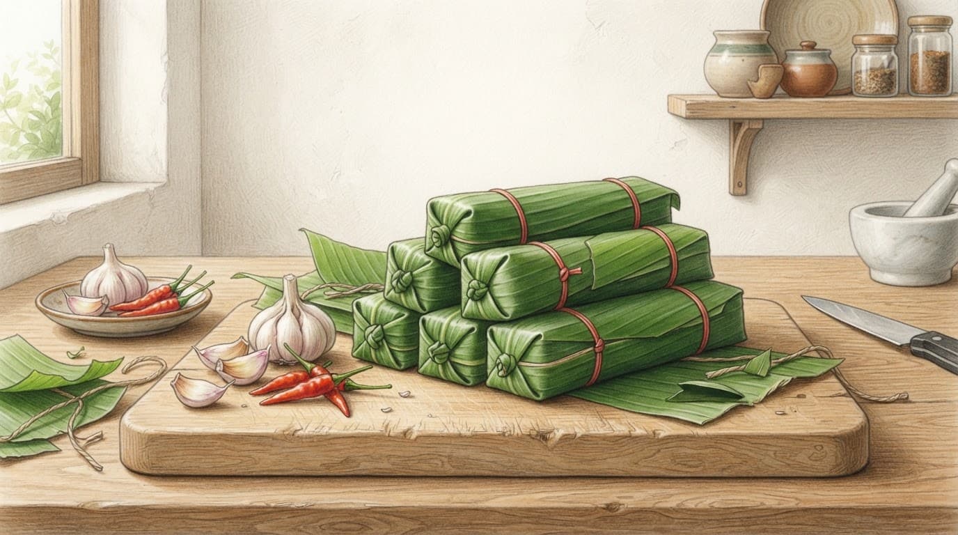 Nem chua bọc lá chuối, buộc dây thun, đặt cạnh tỏi và ớt.