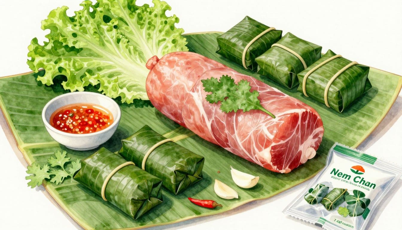 Nem chua bày trên lá chuối, kèm bát tương ớt, tỏi lát và ớt đỏ.