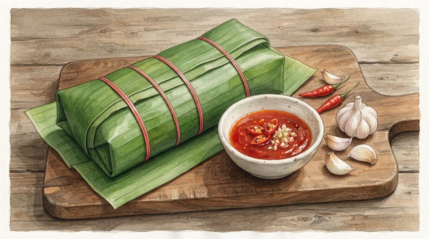 Nem chua gói lá chuối kèm bát tương ớt và tỏi ớt trên bàn gỗ.