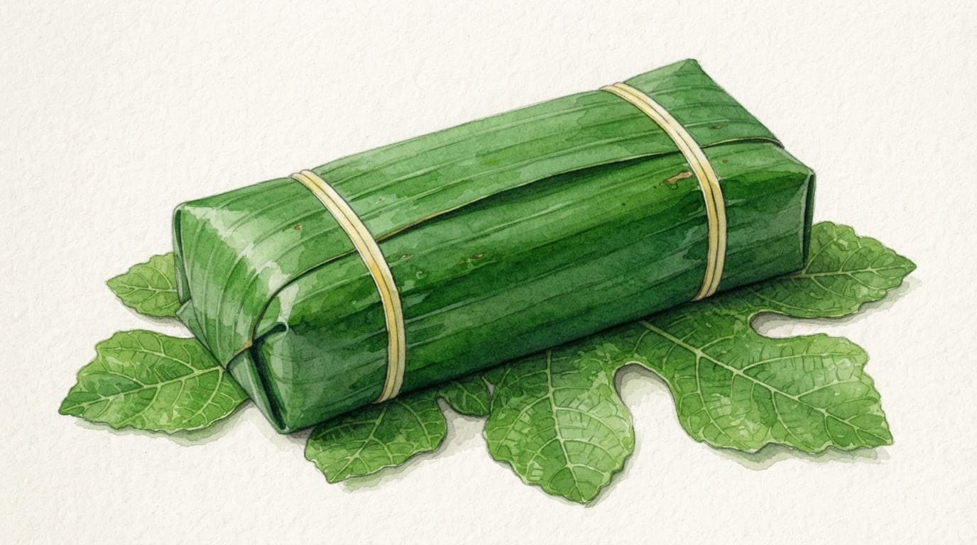 Khối nem được bọc nhiều lớp, buộc bằng dây thun vàng nhạt.