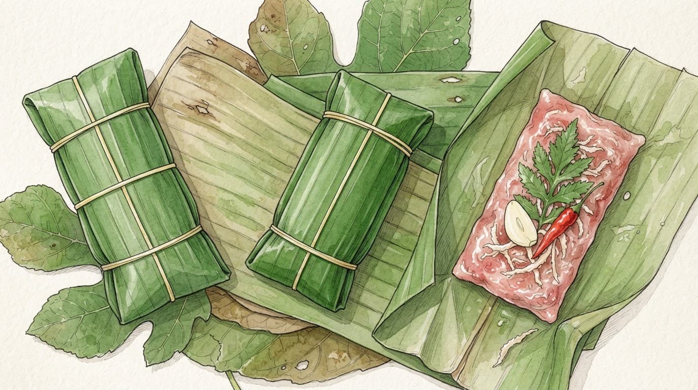 Gói sản phẩm bọc lớp lá, bên cạnh phần mở có thịt hồng, gia vị cay và lá đinh lăng.