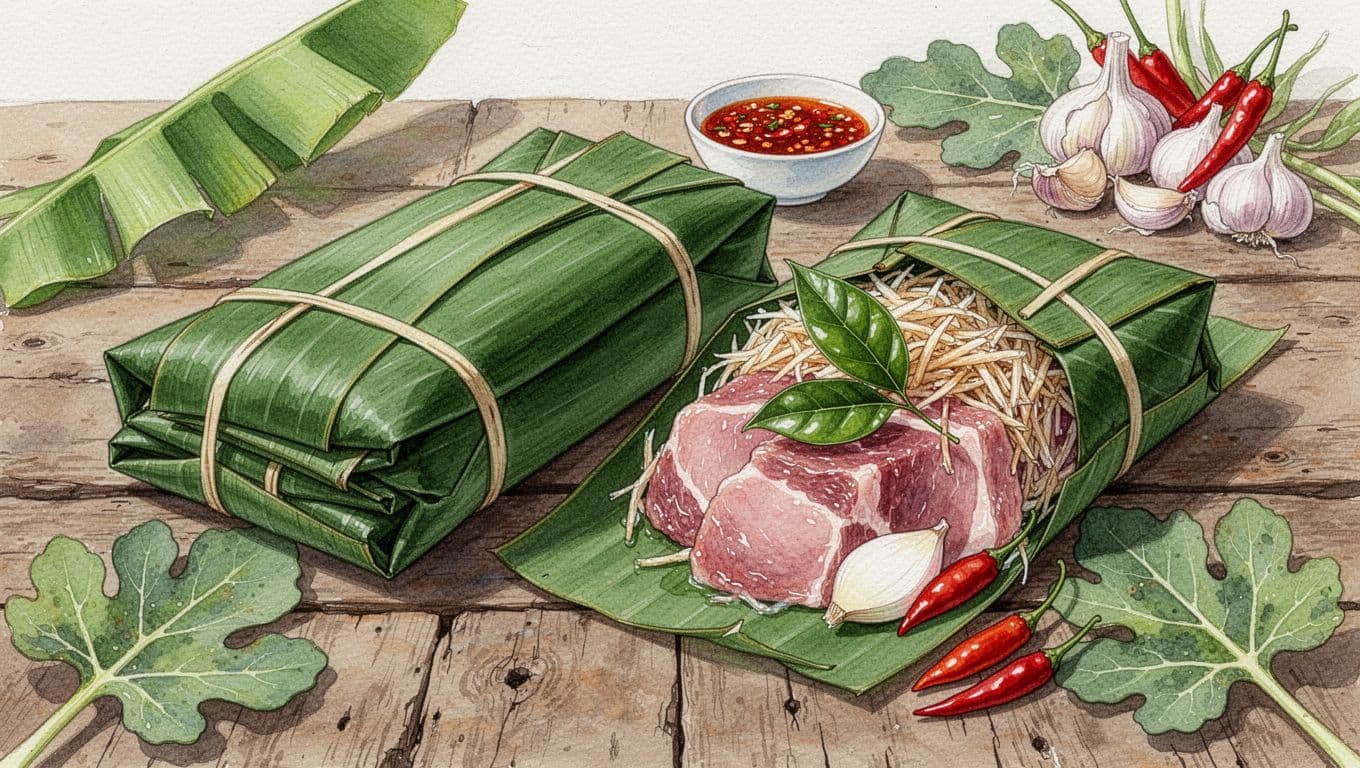 Hai gói nem chua trên lá chuối, một gói mở cạnh bát tương ớt.