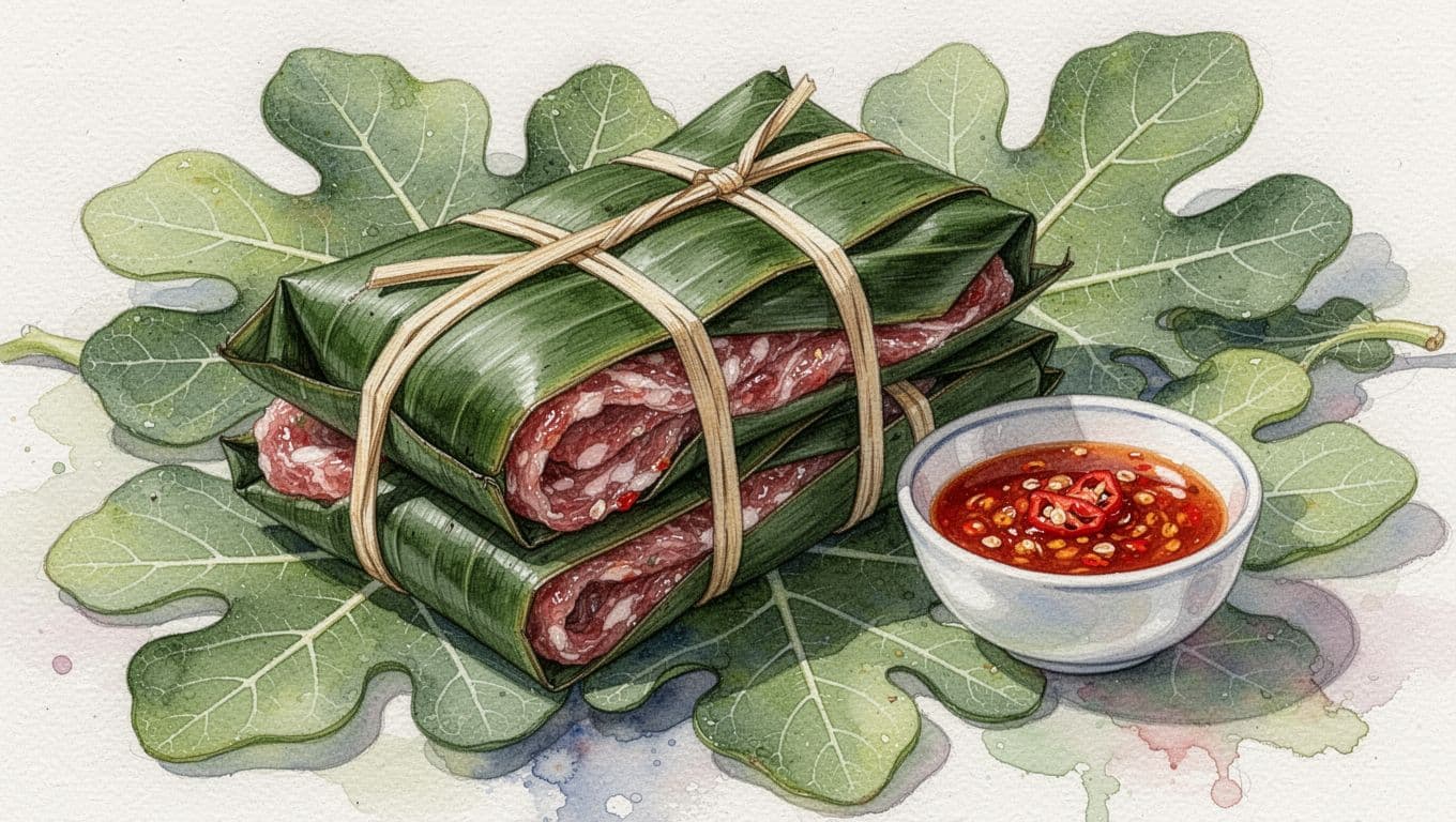Đặc sản thịt lên men Thanh Hóa gói lá chuối đặt trên lá sung cạnh bát tương ớt.