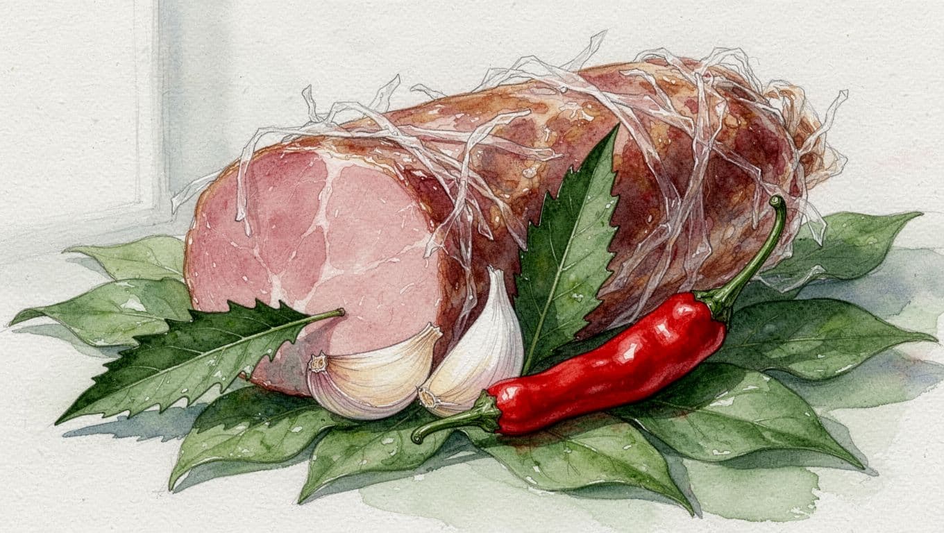 Gói nem chua mở lộ thịt hồng, lá xanh, lát tỏi trắng và ớt đỏ.
