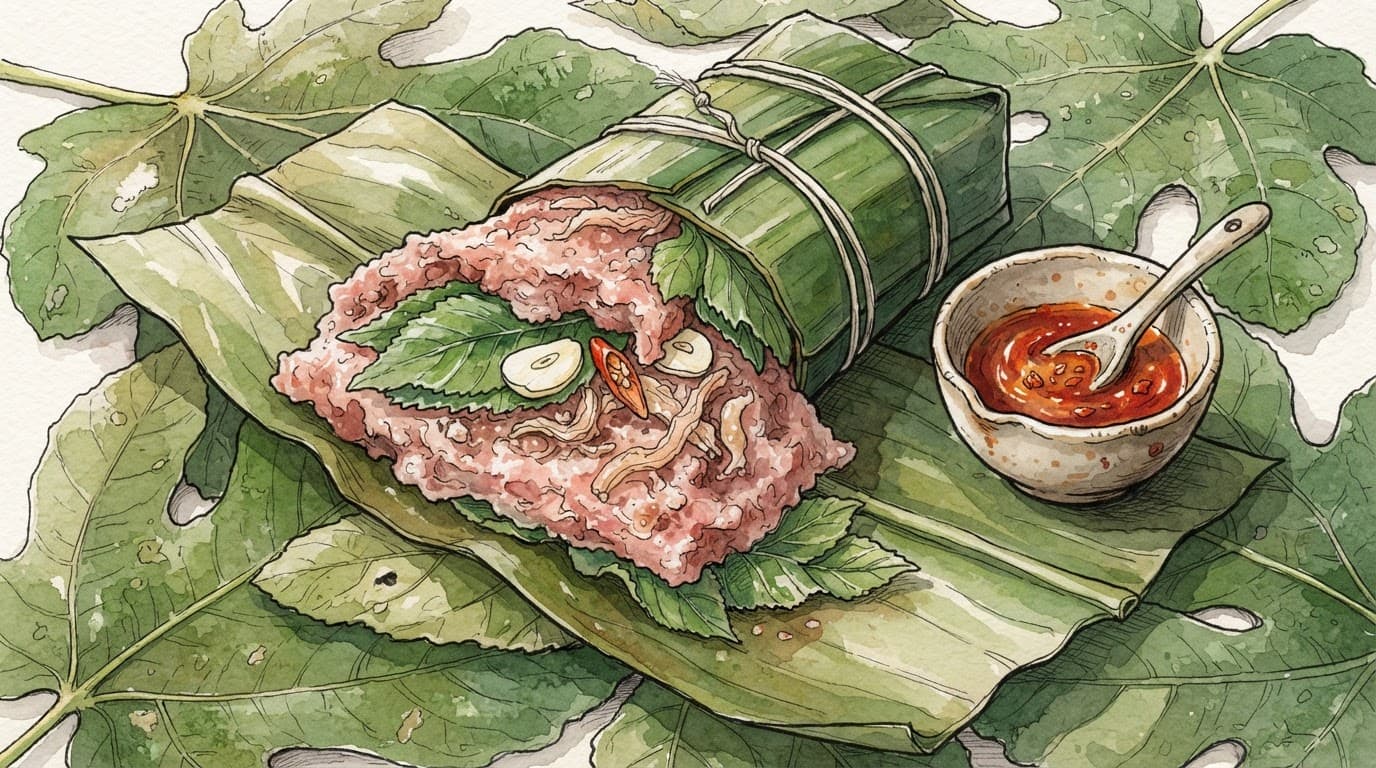 Nem chua hồng hào đặt trên lá sung xanh cùng tỏi ớt tươi.