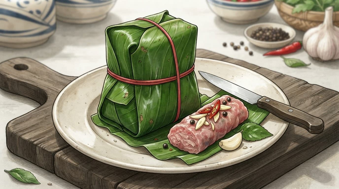 Một phần nem chua Thanh Hóa bọc lá chuối xanh trên đĩa.