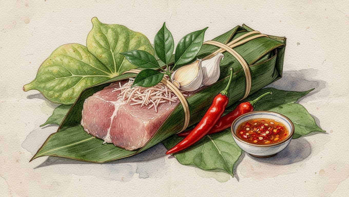 Gói nem lá chuối hé lộ thịt hồng, bì sợi, lát tỏi và ớt đỏ.