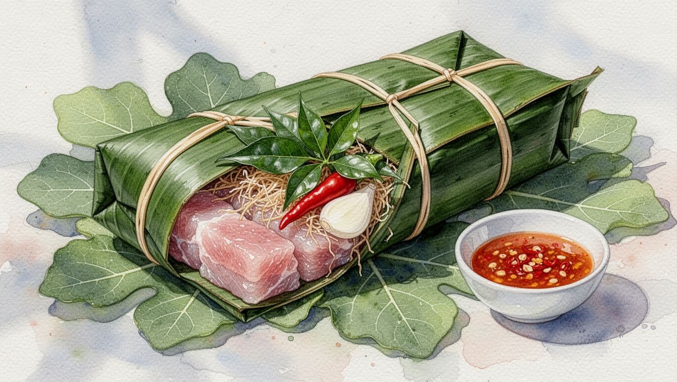 Nem thịt lên men gói lá xanh, kèm lát tỏi, ớt đỏ và bát nước chấm.