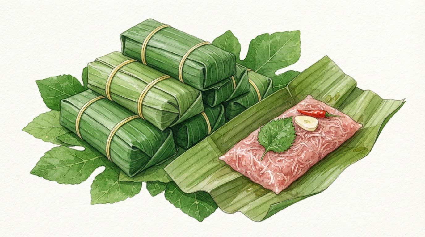 Các khối nem lá chuối xanh đặt trên lá sung cùng thịt lên men, bì, tỏi, ớt và lá đinh lăng.