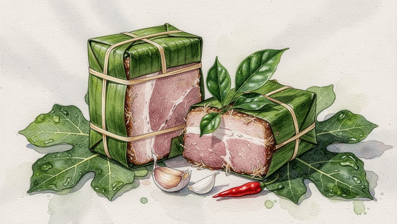 Nem chua gói lá chuối cạnh phần nem mở cùng tỏi, ớt và lá xanh.
