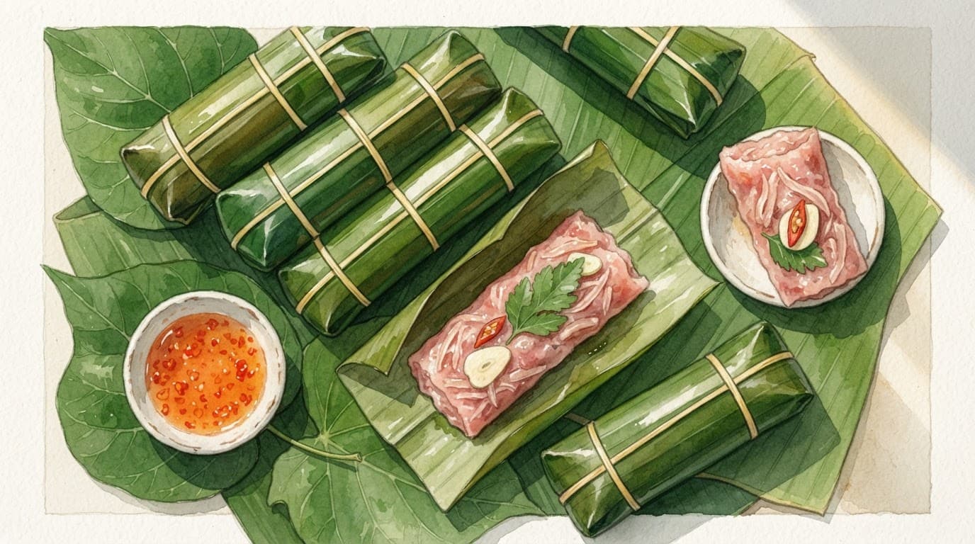 Nem chua Thanh Hóa gói lá chuối mở một phần lộ thịt hồng cùng tỏi ớt.