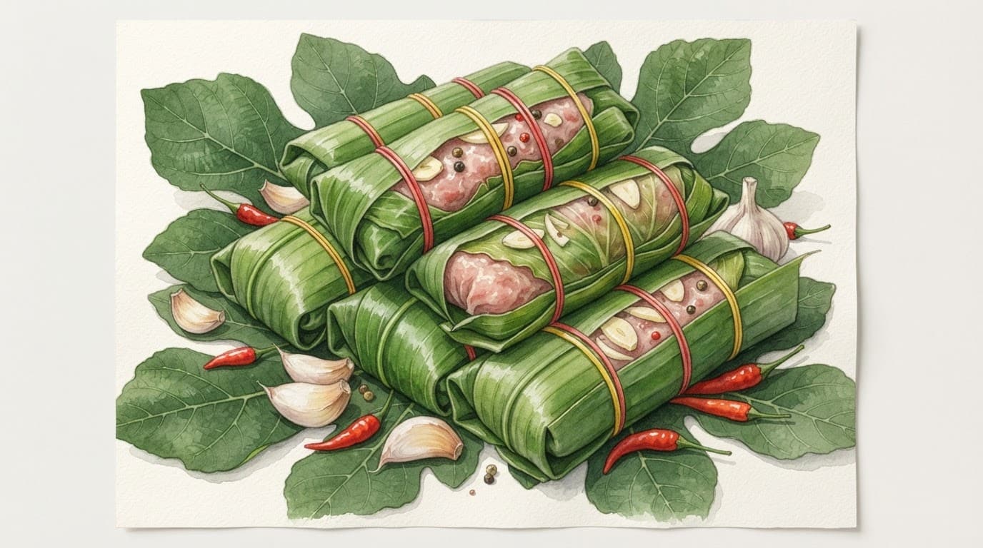 Nem chua quấn lá chuối xanh đặt trên lá sung cùng tỏi và ớt.