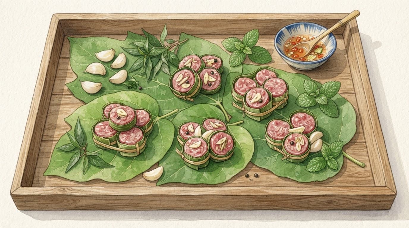 Đĩa nem chua thái lát bày trên lá xanh cùng tỏi và rau thơm.
