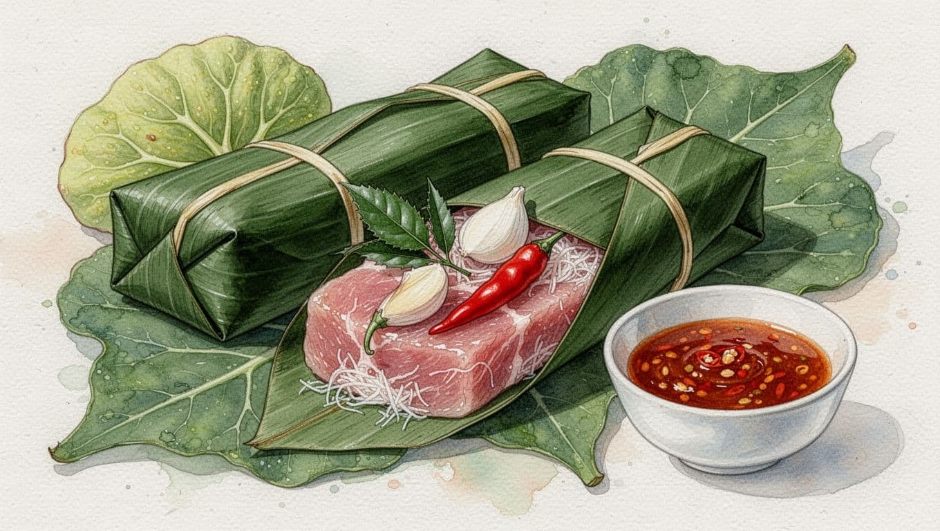 Gói thịt bọc lá chuối, mở ra cùng tỏi, ớt và bát sốt.