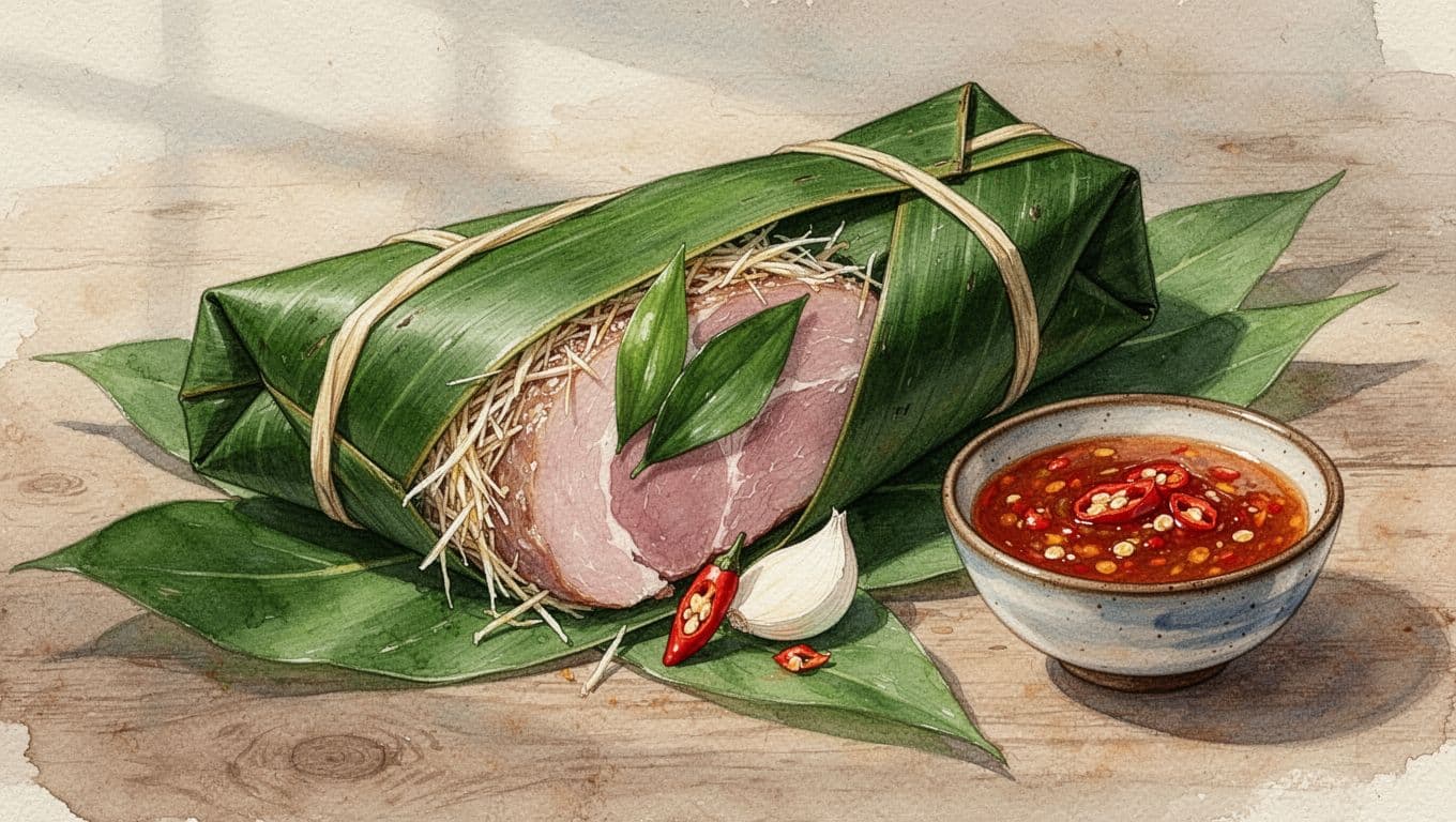 Nem chua Thanh Hóa gói lá chuối, một gói mở cạnh bát sốt ớt.