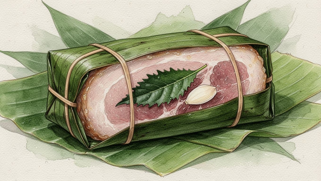 Khối nem chua hồng trong bọc lá chuối xanh, có lá đinh lăng và lát tỏi.