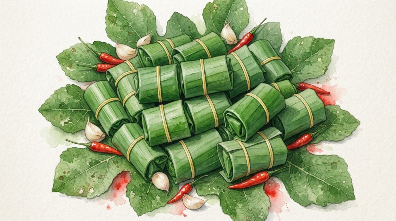 Nem chua gói lá chuối xanh xếp trên lá sung cùng tỏi ớt tươi.