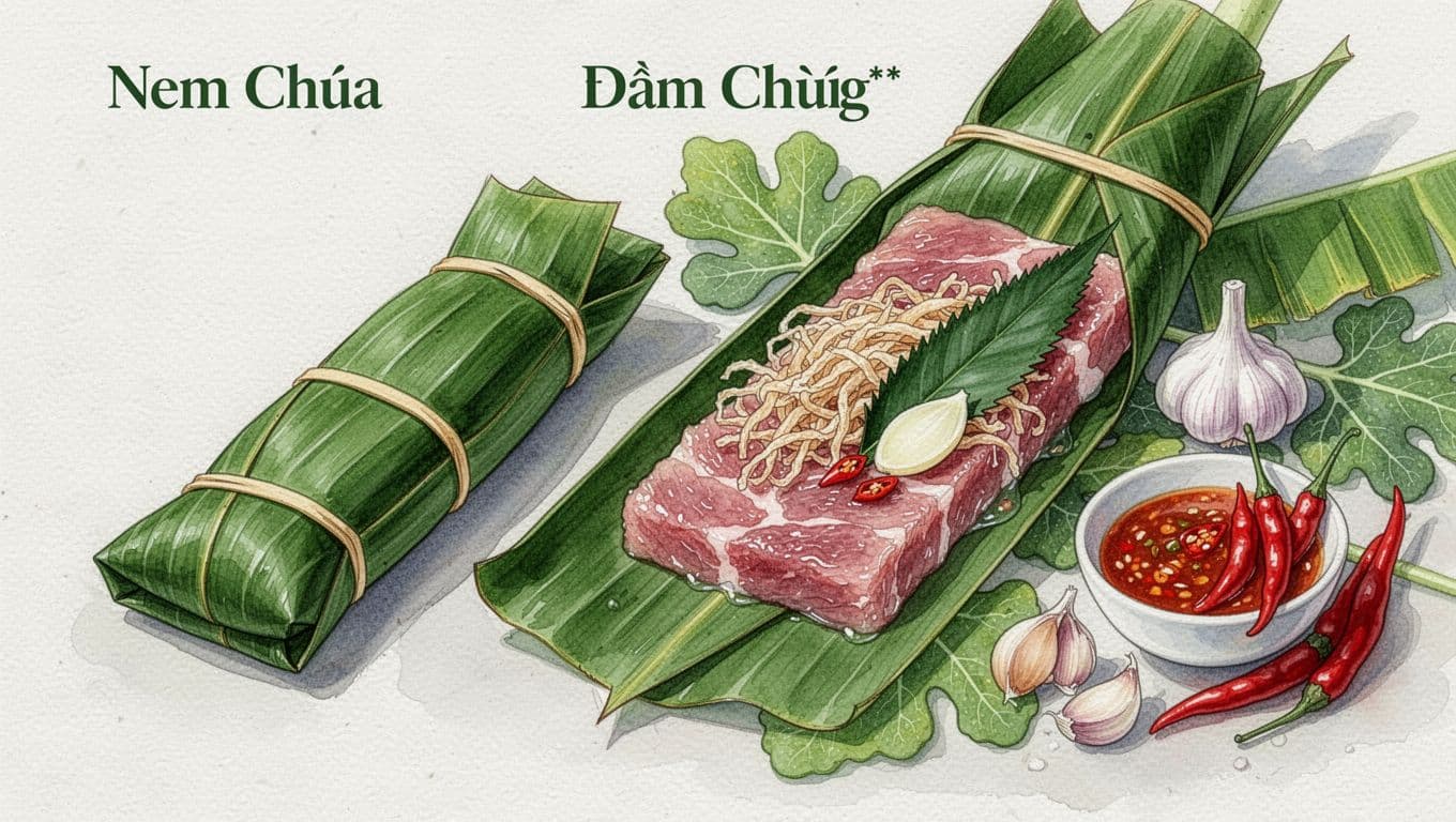 Hai gói nem Thanh Hóa, một gói mở, cạnh lá chuối và chén nước chấm.