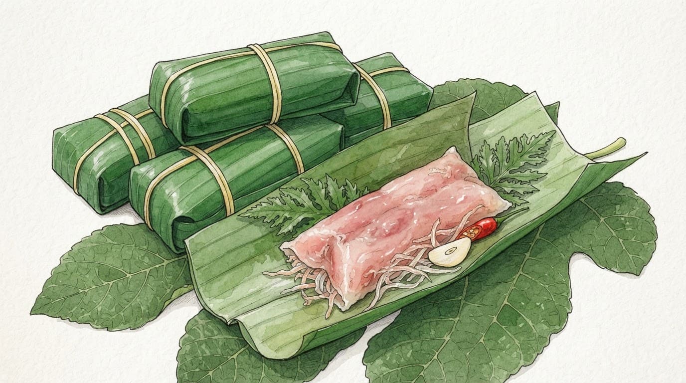Các gói nem chua bọc lá chuối, kèm tỏi, ớt và lá đinh lăng.