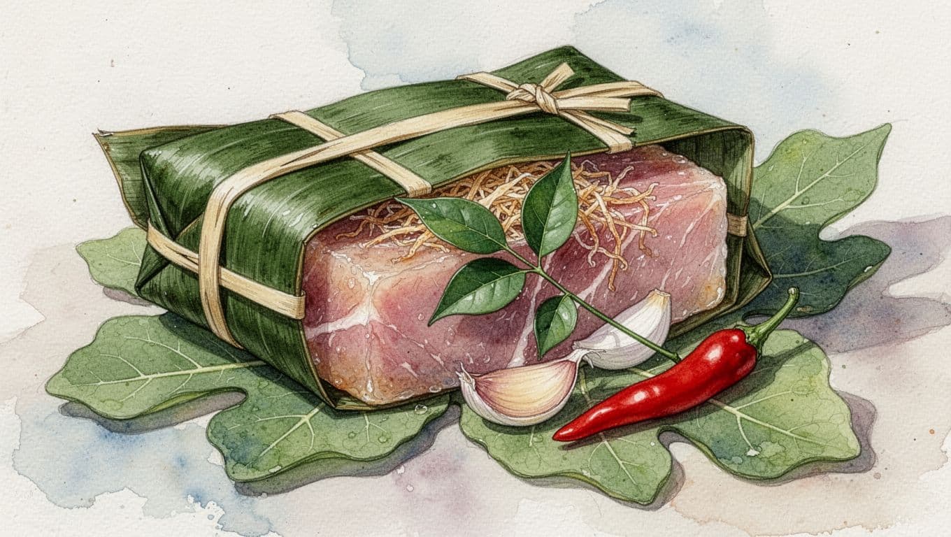Nem chua bọc lá chuối, hé lộ thịt hồng, bì sợi, lá đinh lăng, gia vị và ớt đỏ trên lá sung.