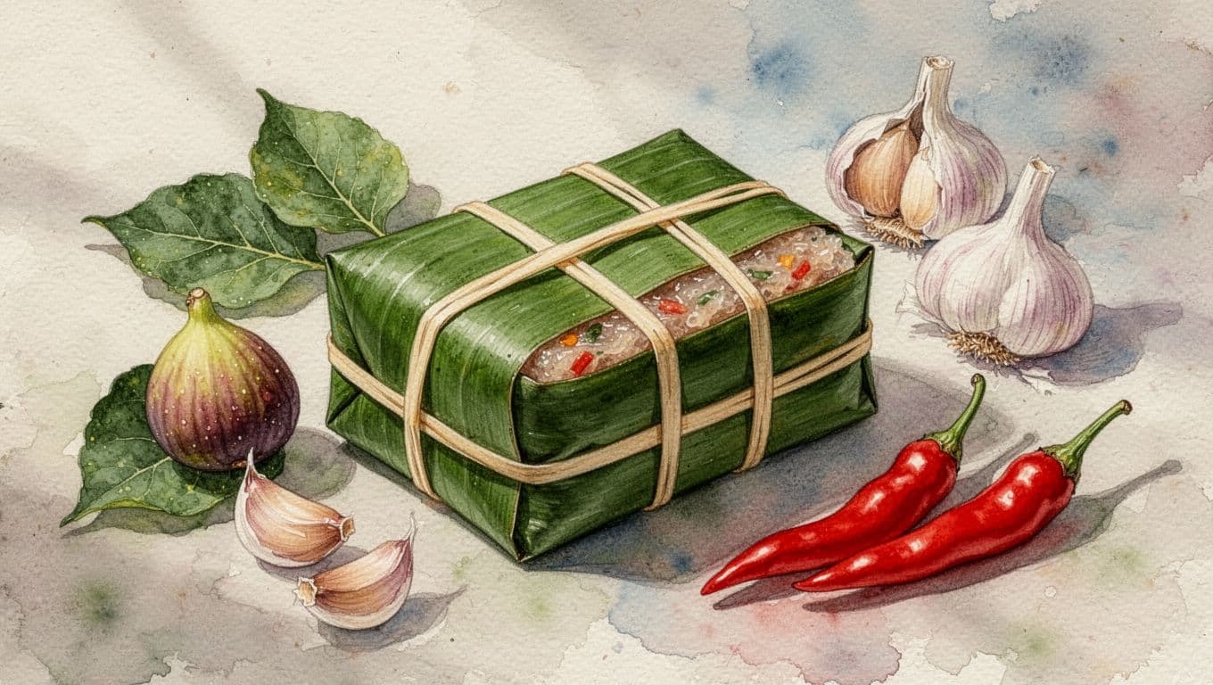 Khối nem chua Thanh Hóa bọc lá chuối, đặt cạnh lá sung, tỏi và ớt.