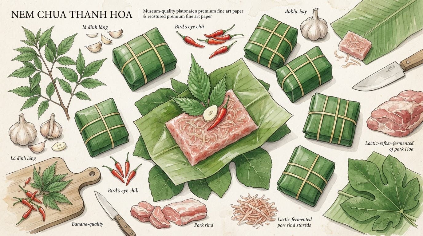 Các khối nem chua bọc lá chuối, một gói mở lộ thịt hồng cùng tỏi và ớt đỏ.