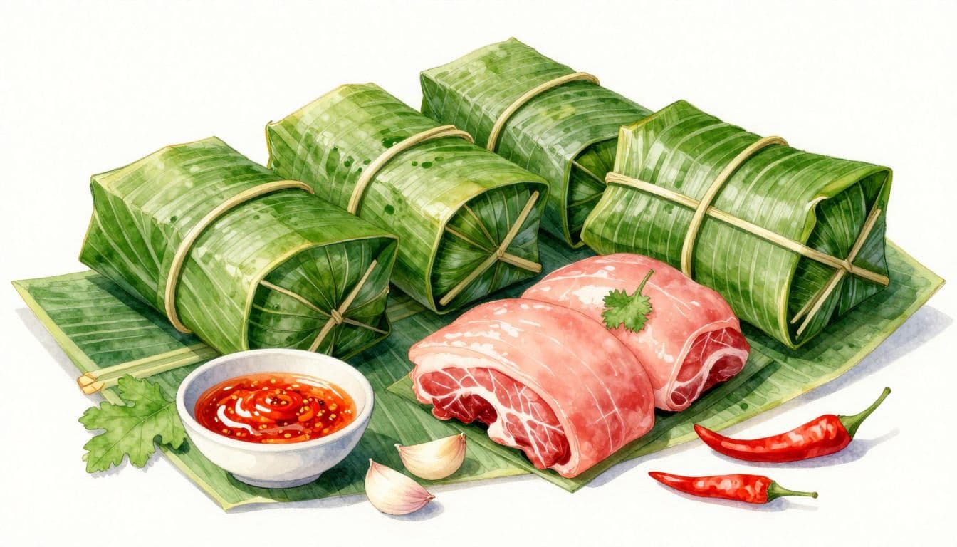 Ba phần nem chua, một phần mở lộ thịt hồng cùng bì, tỏi và ớt đỏ.
