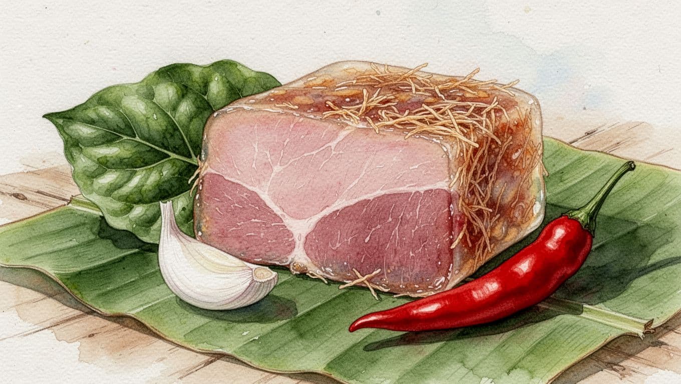 Nem chua mở gói với bì sợi, tỏi, ớt, lá xanh và gia vị ăn kèm.