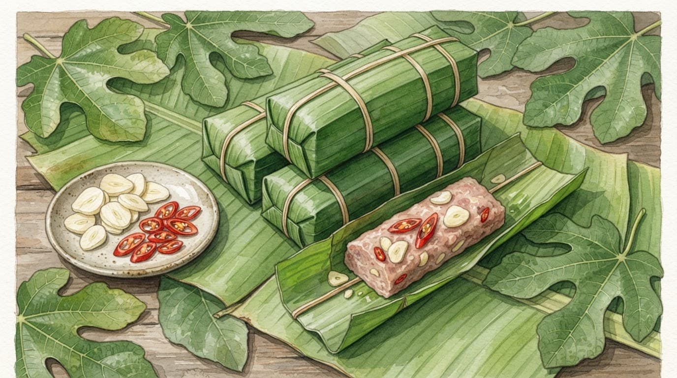 Nem dài và nem vuông gói lá chuối, đặt cạnh tỏi thái lát và ớt đỏ.