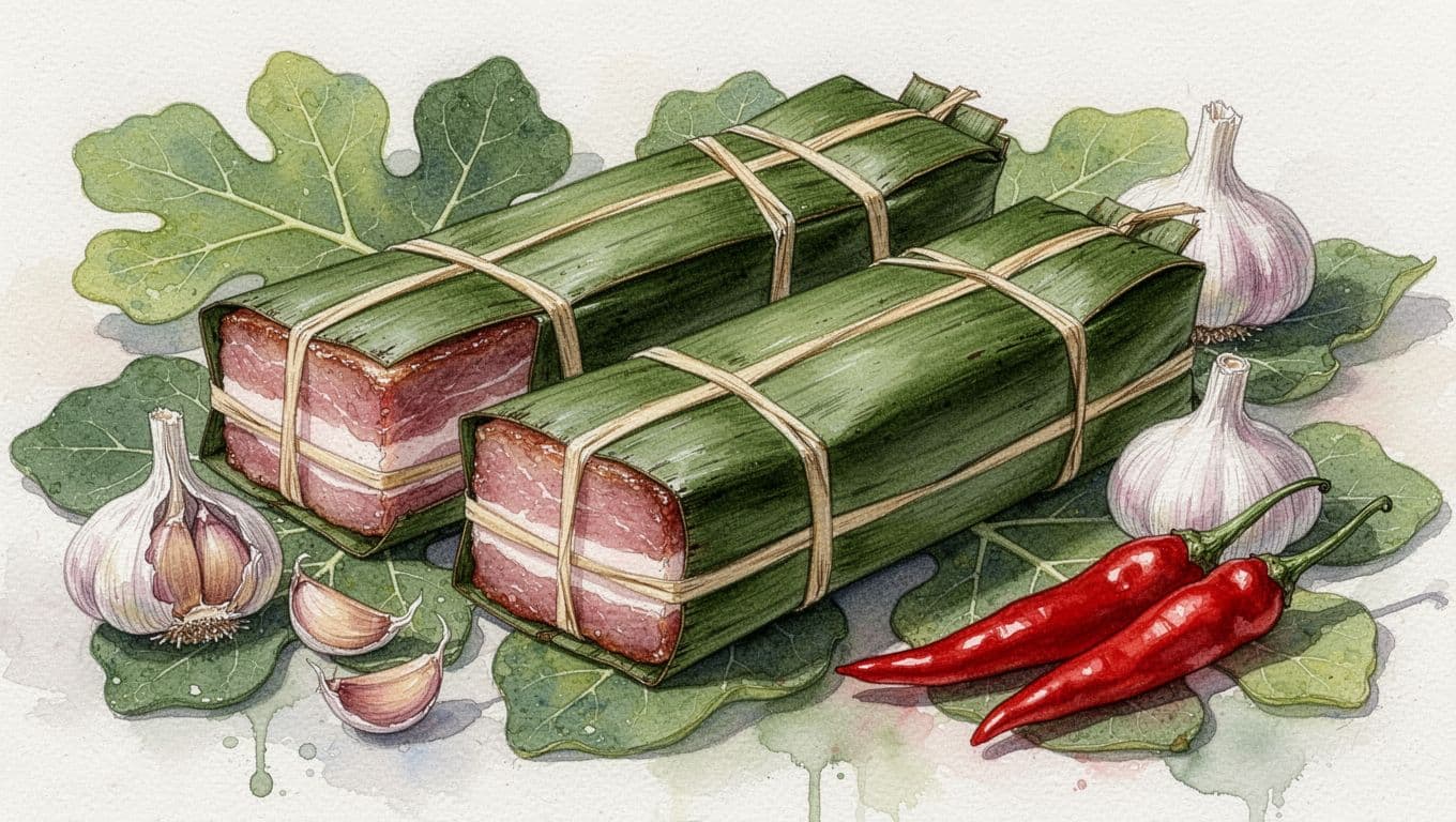 Các phần nem chua thành phẩm được bày cạnh nguyên liệu.