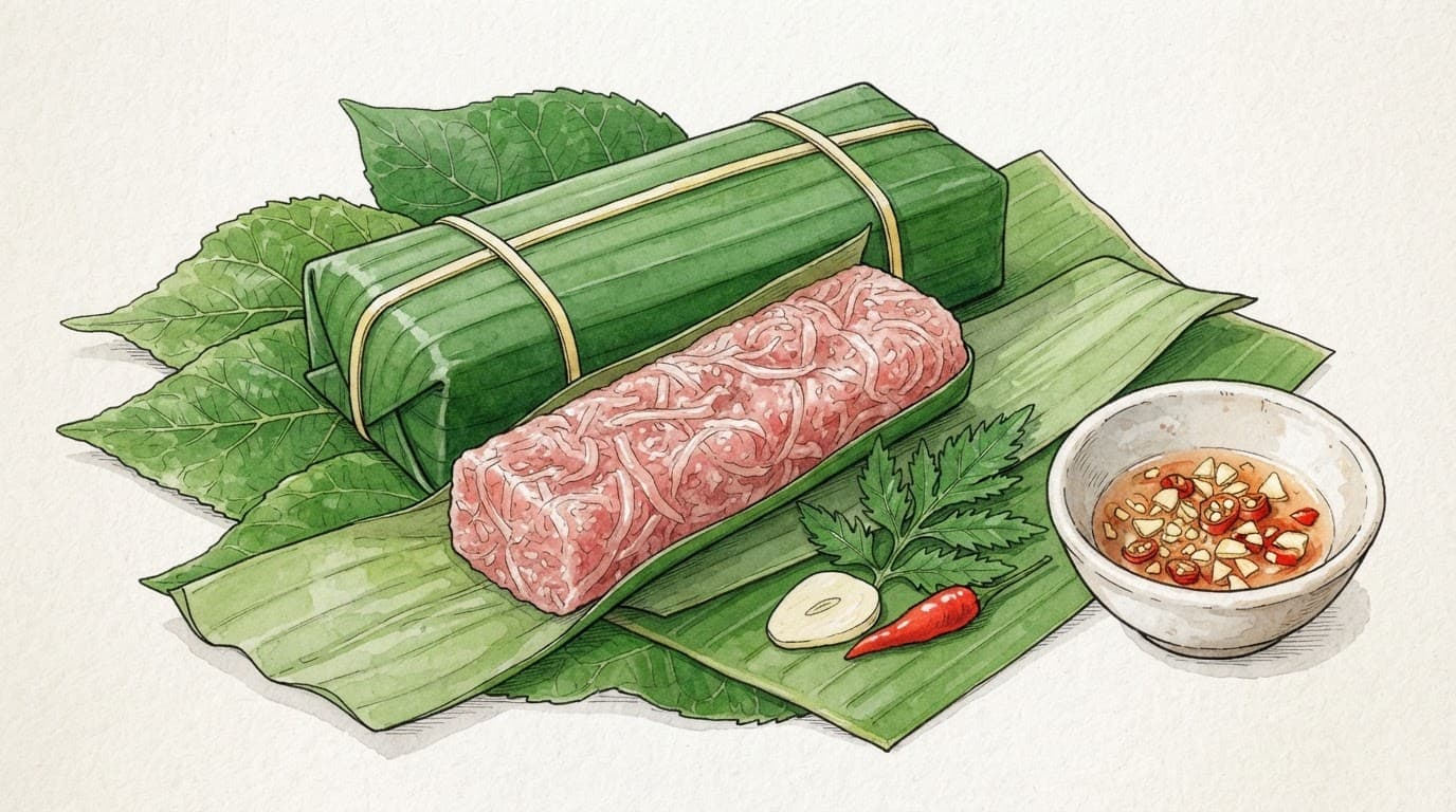Gói nem chua bọc lá, kèm lá xanh, tỏi, ớt đỏ và bát nước chấm.
