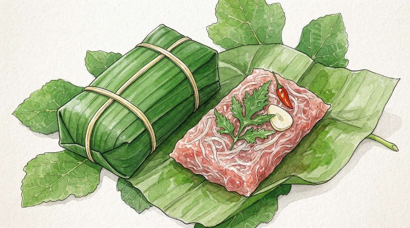 Nem chua Thanh Hóa bọc lá tự nhiên, cạnh phần thịt hồng và các nguyên liệu đi kèm.