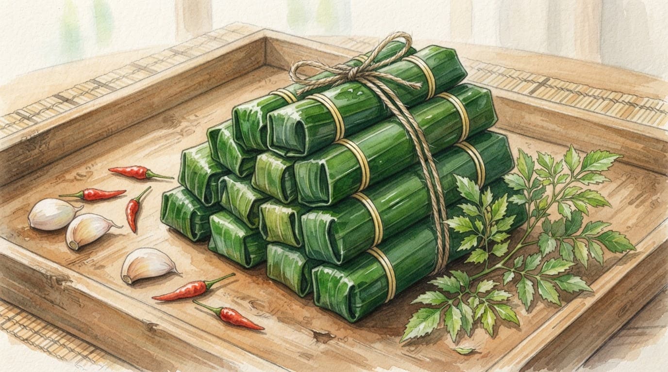 Nem chua Thanh Hóa bọc lá chuối xanh đặt trên khay gỗ cạnh tỏi ớt.