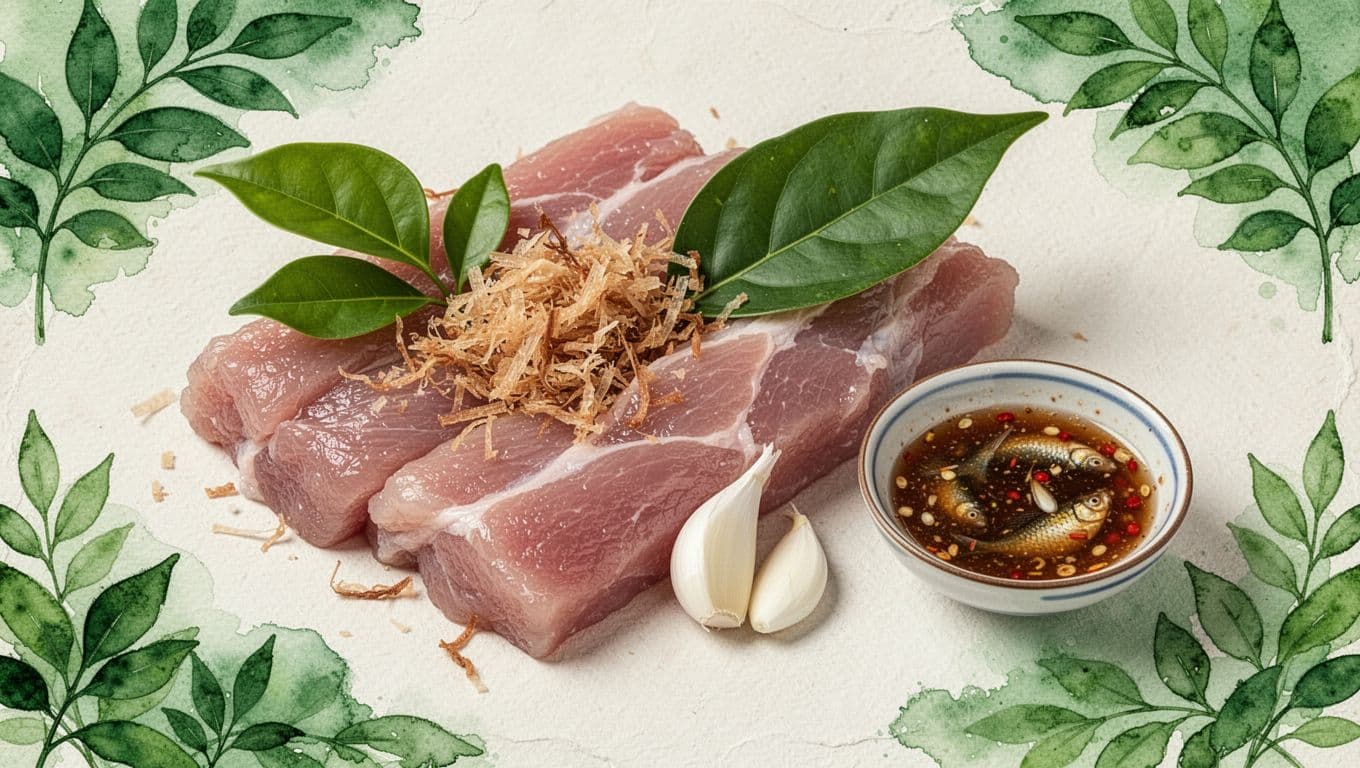 Nem chua hồng trong, bì sợi, lá đinh lăng, lát tỏi và bát nước mắm.