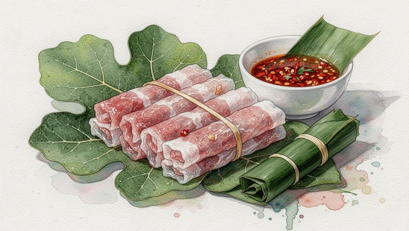 Nem chua gói bằng lá chuối, kèm tỏi, ớt, lá đinh lăng và bát nước chấm.