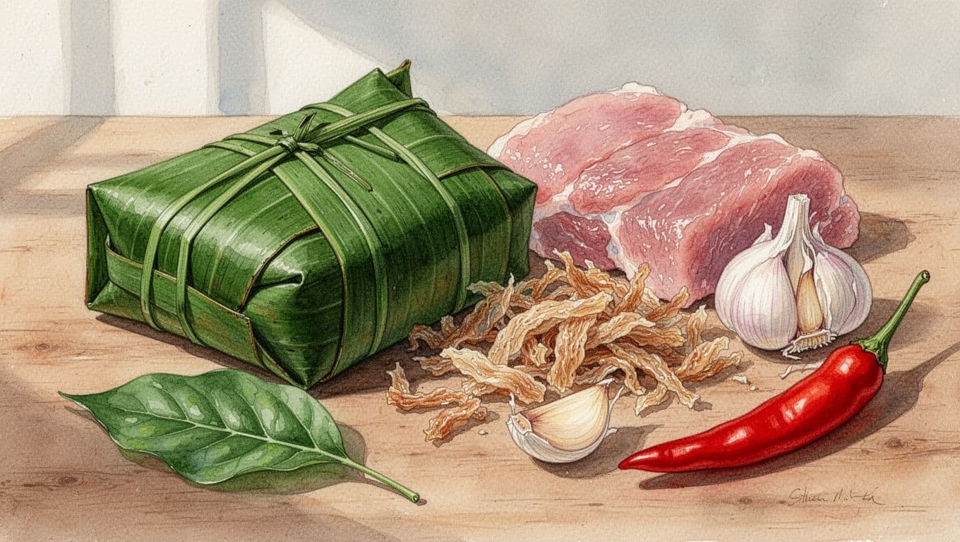 Gói nem chua bọc lá chuối cạnh thịt hồng, bì heo sợi, lá đinh lăng, tỏi và ớt đỏ.