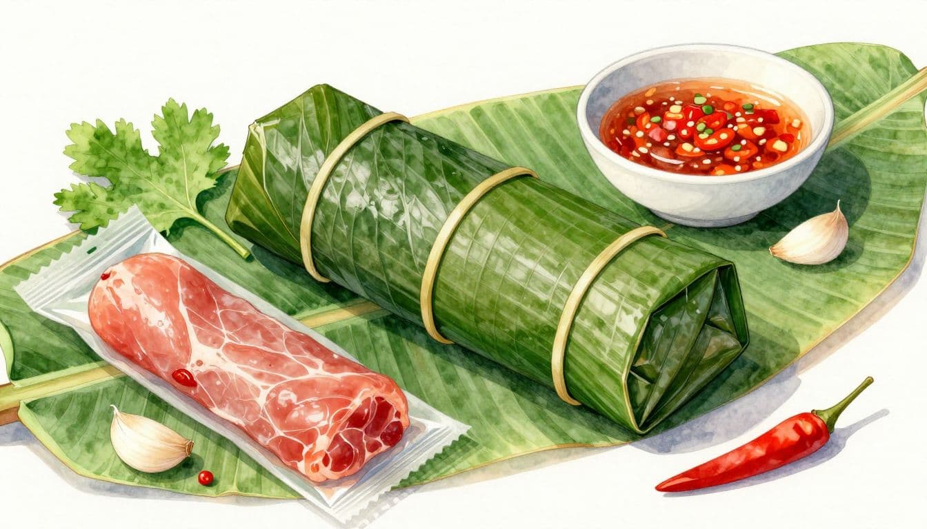 Gói nem chua bọc lá chuối cạnh phần nem mở, tỏi, ớt đỏ và bát tương ớt.