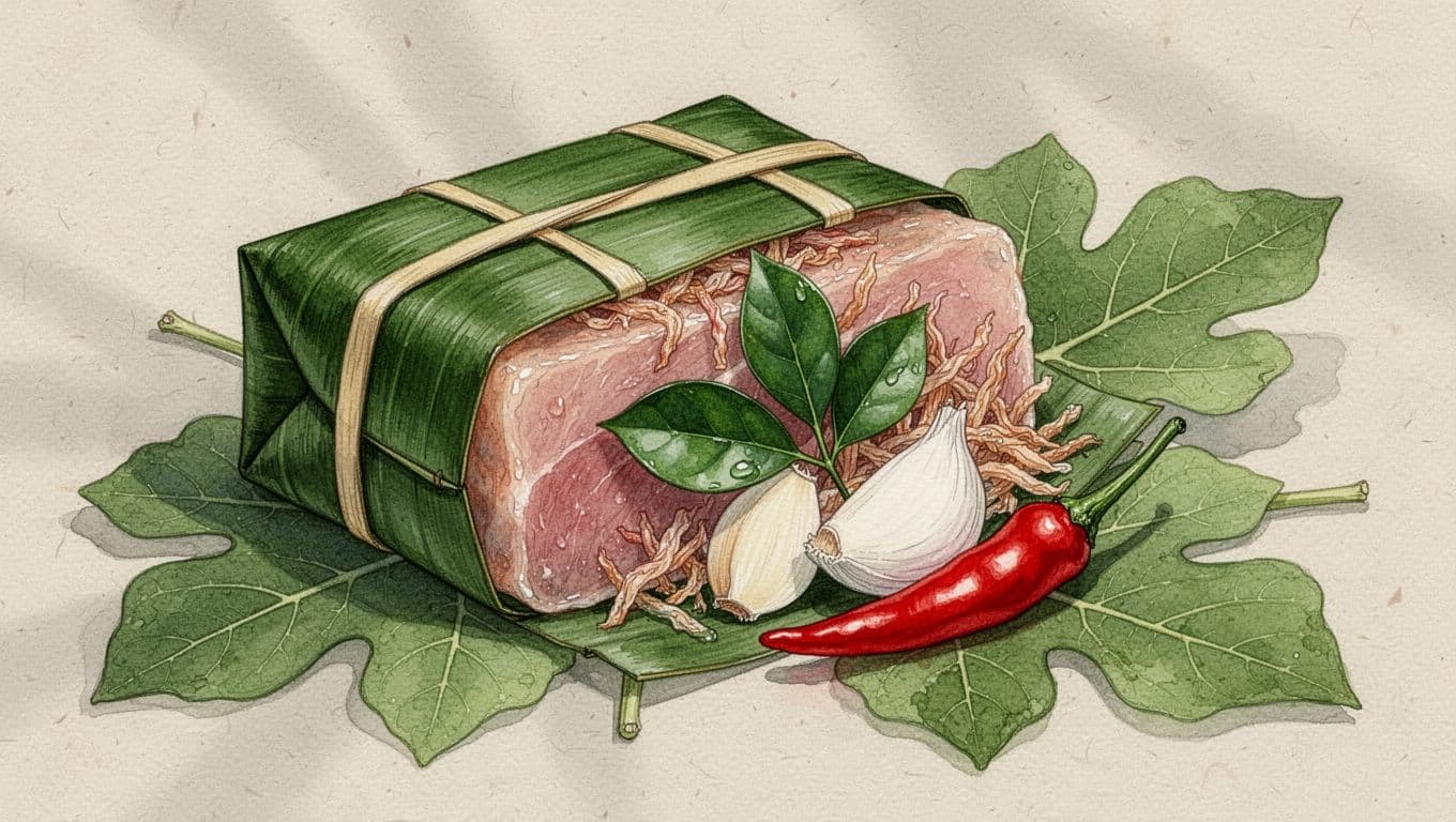 Nem chua gói lá chuối, phần mở lộ thịt hồng, bì sợi, tỏi, lá đinh lăng và ớt đỏ.