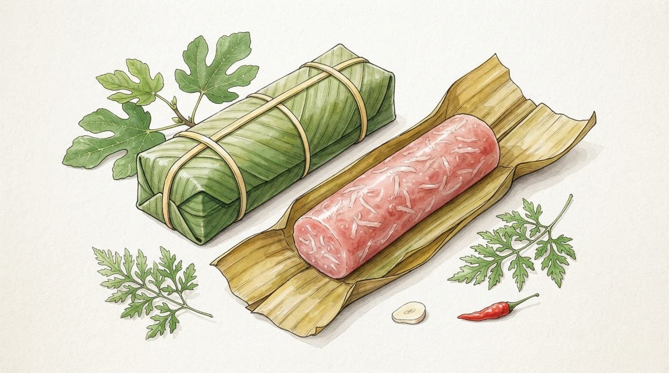 Hai miếng nem chua bọc lá chuối, một miếng mở lộ lõi thịt hồng và sợi bì trong.