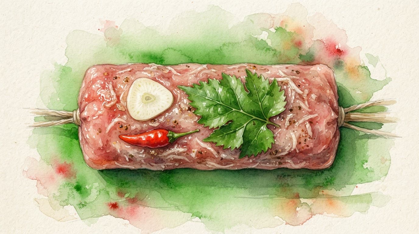 Nem chua Thanh Hóa hồng trong mờ với lá đinh lăng, tỏi trắng và ớt đỏ.