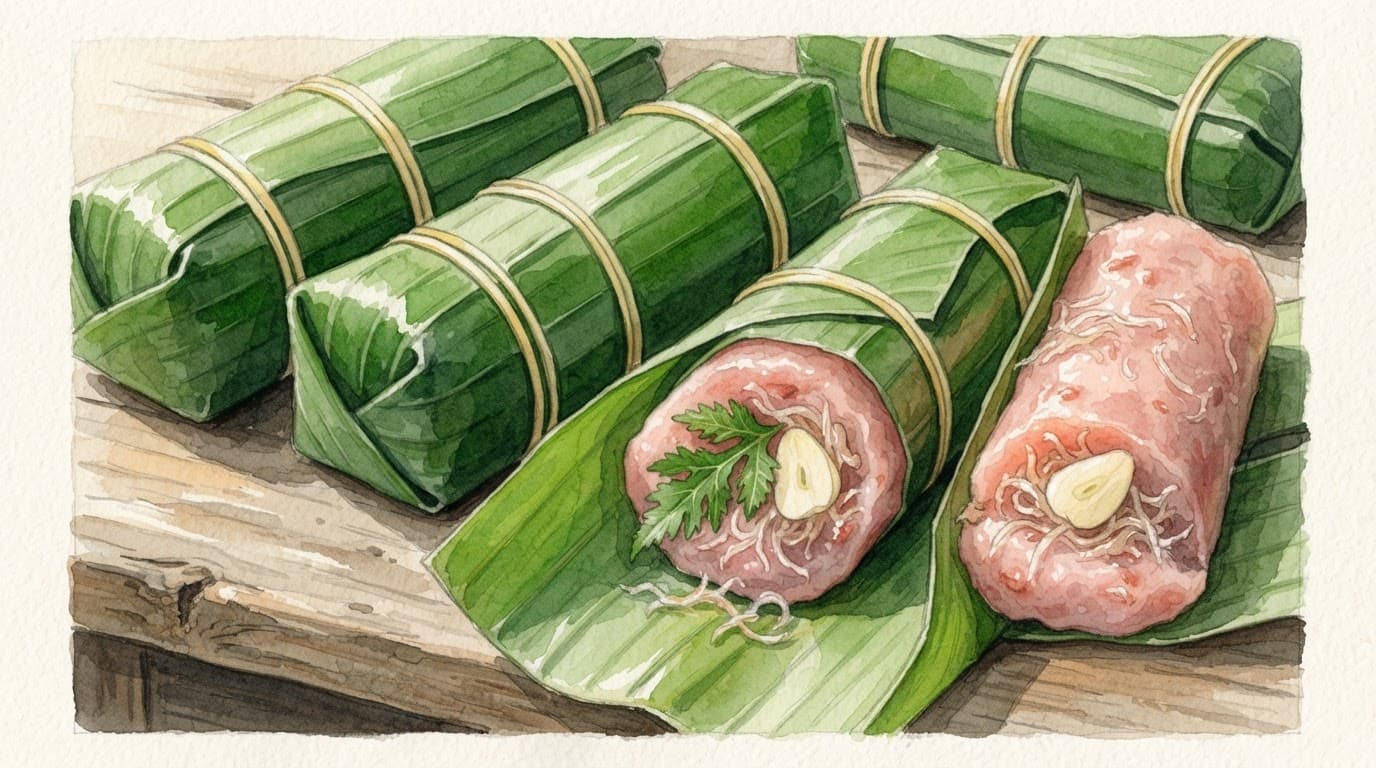 Cuộn nem chua hồng phớt bọc trong lá chuối xanh tươi kèm lá đinh lăng và tỏi.