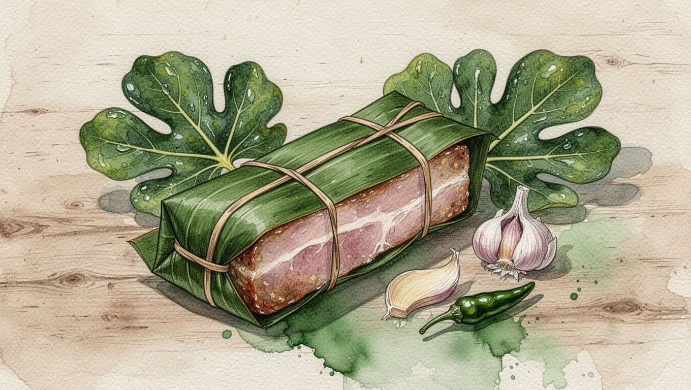 Nem chua bọc lá chuối cạnh tỏi và ớt.