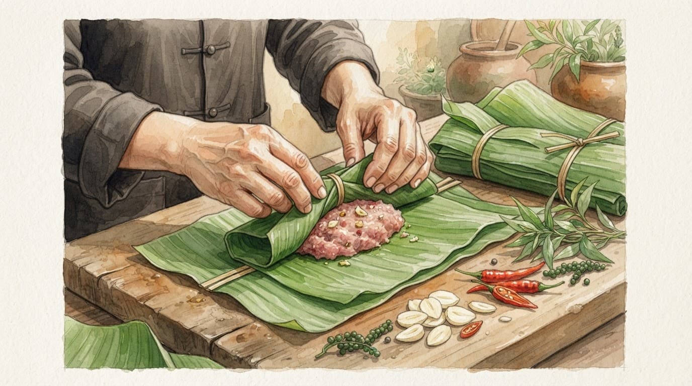 Đôi tay gói nem chua bằng lá chuối cùng tỏi và ớt trên thớt gỗ.