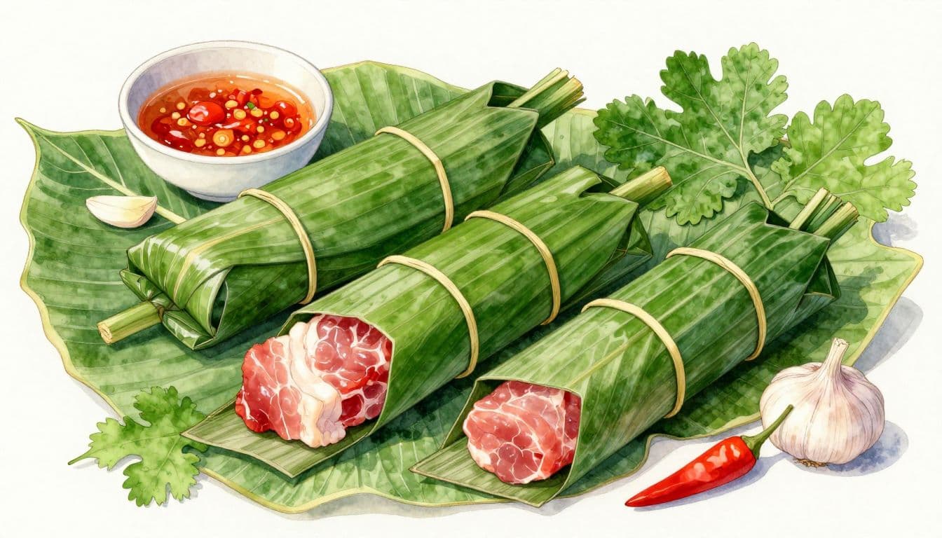 Ba gói nem bọc lá chuối trên lá sung, cạnh tỏi, ớt đỏ và bát tương ớt.