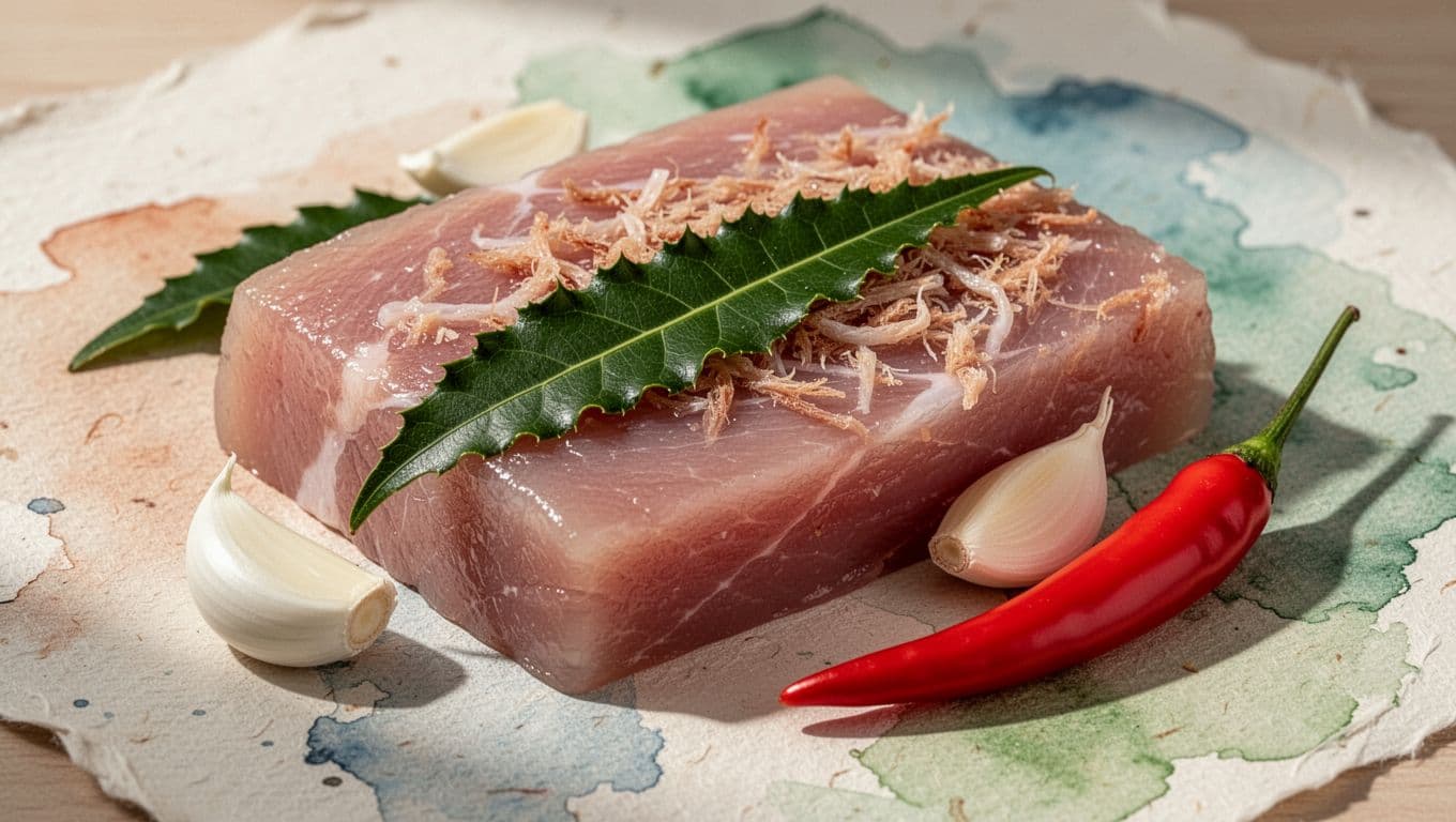 Nem chua hồng với lá đinh lăng, lát tỏi và ớt đỏ.
