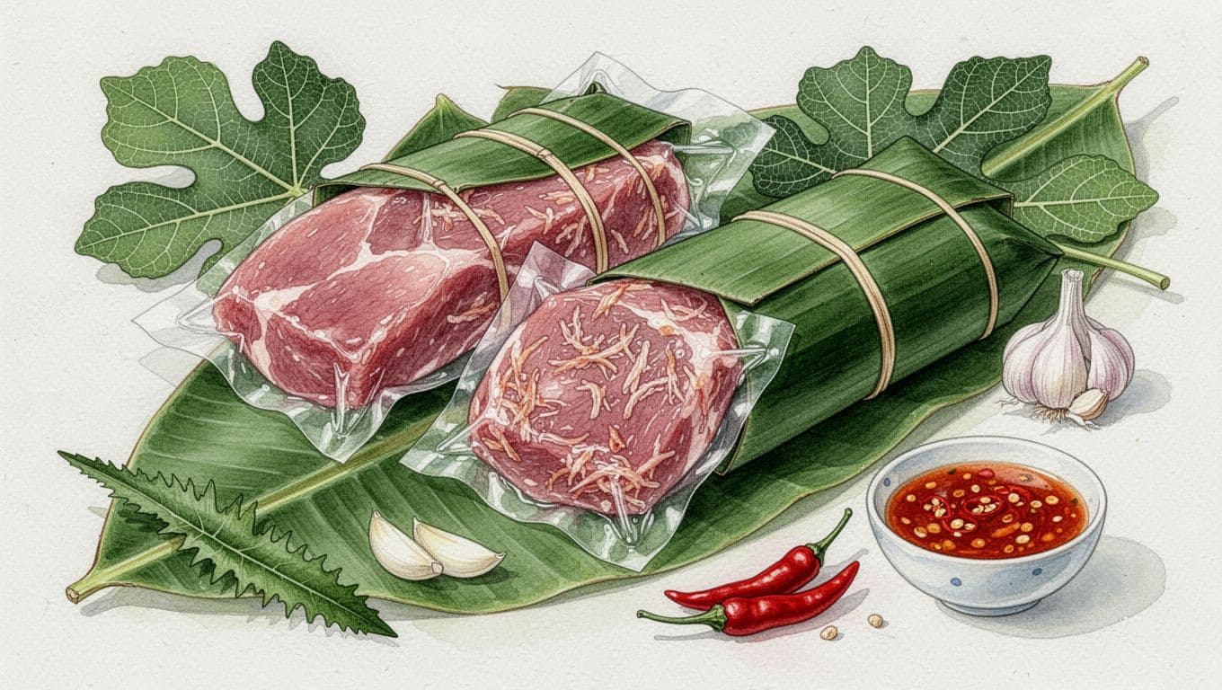 Ba gói nem chua trên lá chuối, một gói mở cùng bát tương ớt.