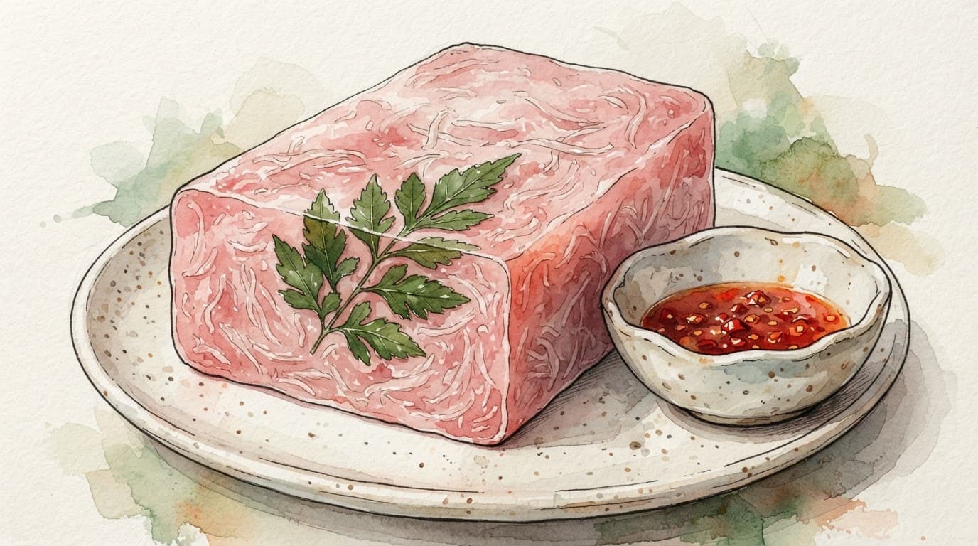 Khối nem chua hồng trong với sợi bì, lá đinh lăng và bát tương ớt bên cạnh.
