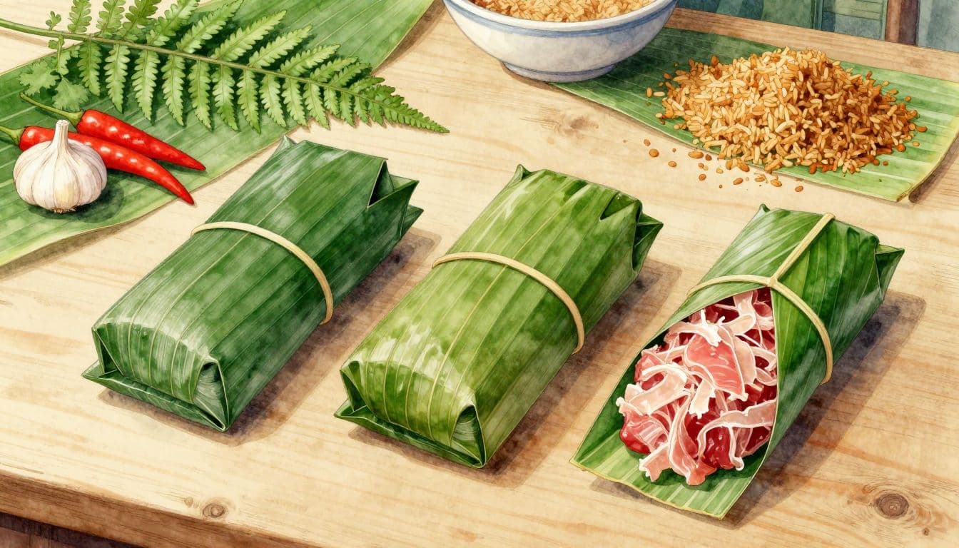 Ba gói nem chua trên bàn gỗ, một gói mở lộ thịt hồng và bì sợi.